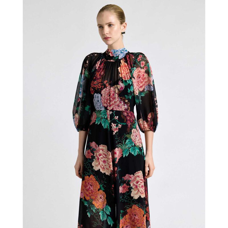 Cue Black Peacock Garden Georgette Tie Neck Midi Dress image number 3